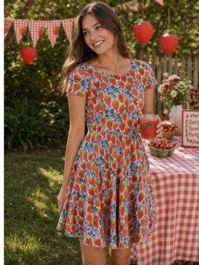 Eva Rose Strawberry and Blueberry Print Fit and Flare Dress Size Small